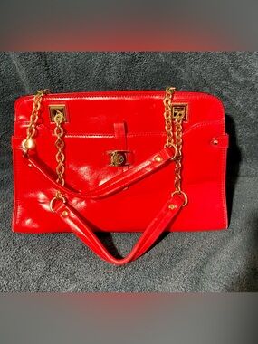 Antonio Melani Red Leather Tote Handbag with Gold Chain Accents